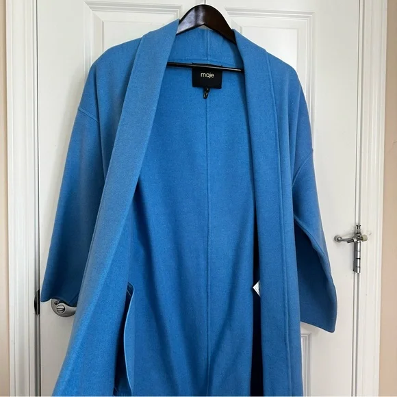 MAJE Oversized Dropped Shoulders Wool Coat with Contras Black Belt Size US4 Fall - Picture 6 of 16
